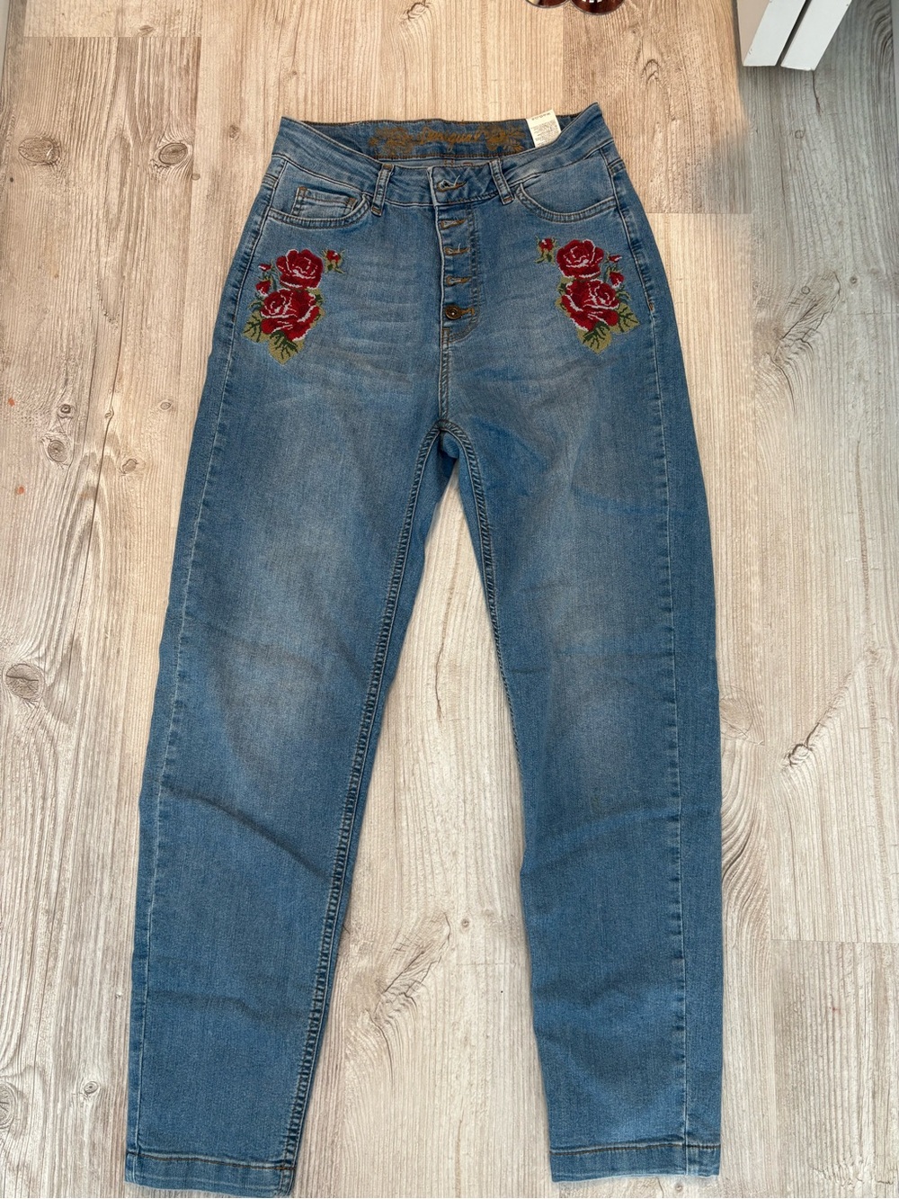 Desigual Blue Denim Jeans with Red Rose Embroidery - Picture 3 of 3